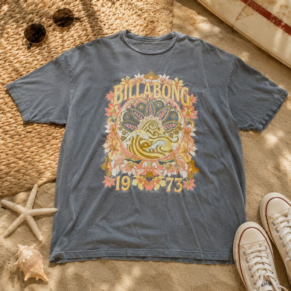 Billabong Retro 1973 Graphic T-Shirt, 100% Cotton Oversized Vintage Retro Shirt